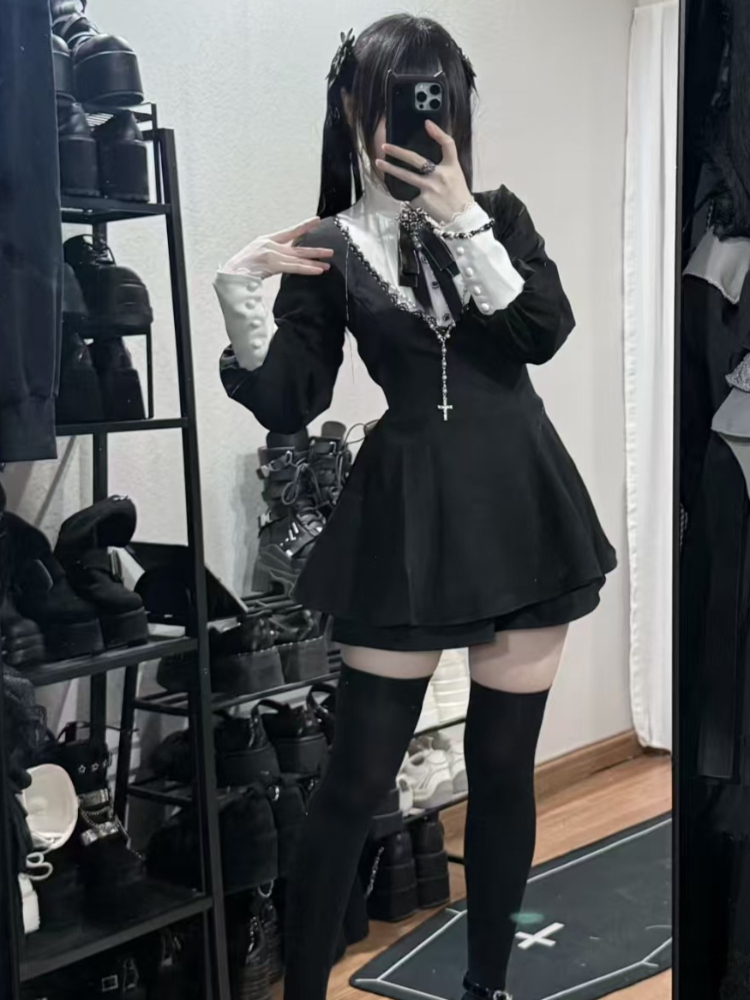 Vintage Fashion Retro Outfit - 2026 Japanischer Gothic Vintage Slim Dress