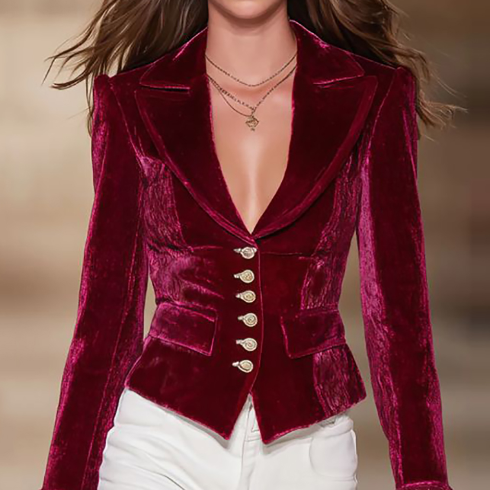 Velvet Blazer Vintage - Eleganter Damen-Samtblazer in Burgunderrot, Einreihig mit