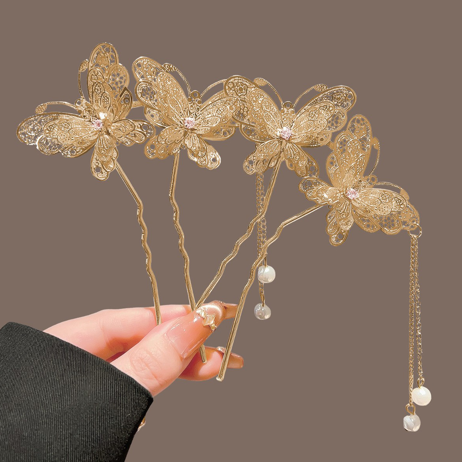 Vintage Fashion Retro Outfit - Neo-chinesische Doppel-Schmetterlings-Haarspange mit Quaste, elegante Legierung,