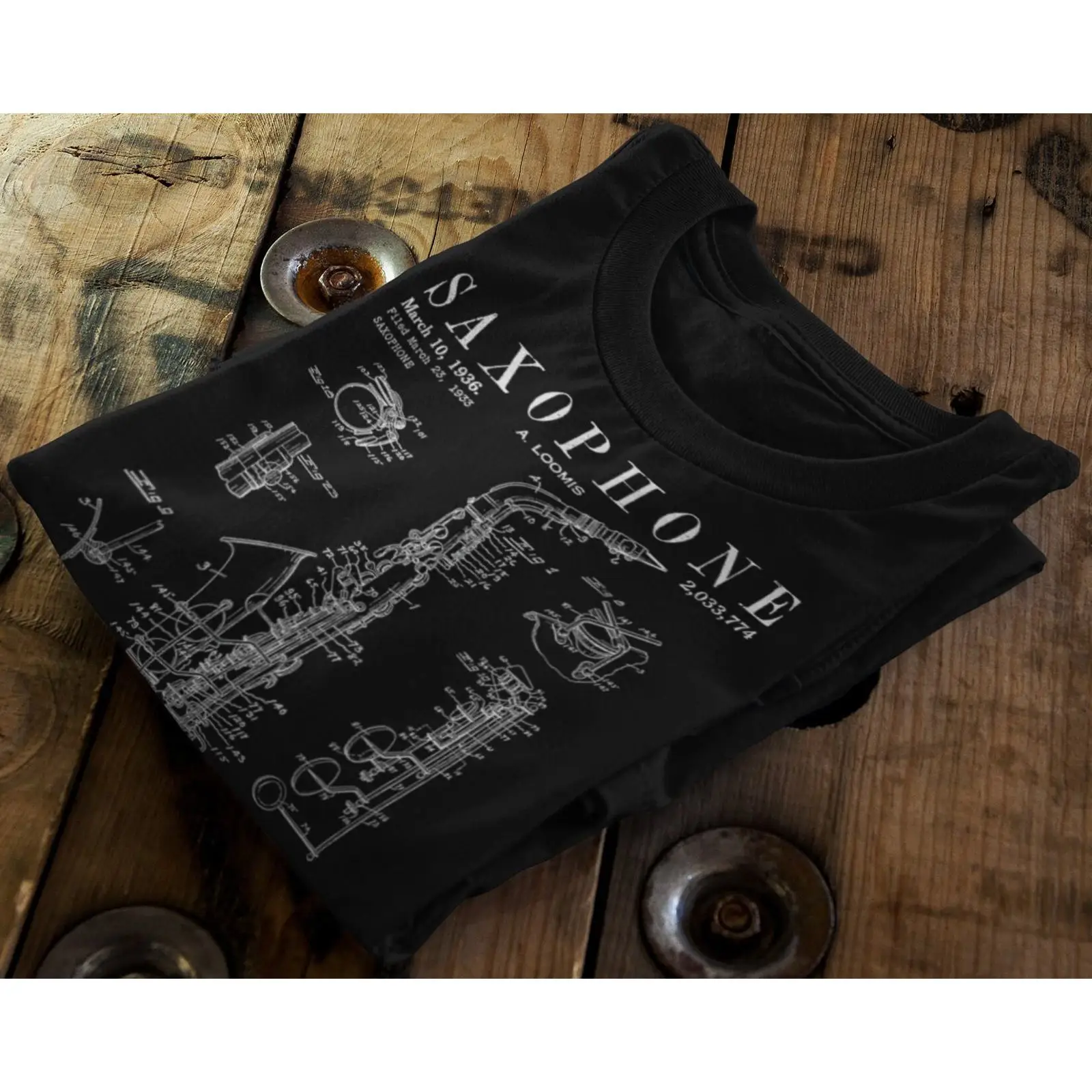 Vintage Fashion Drawings - Vintage Saxophon Patent-Zeichnungs-T-Shirt, Vintage Washed Fashion