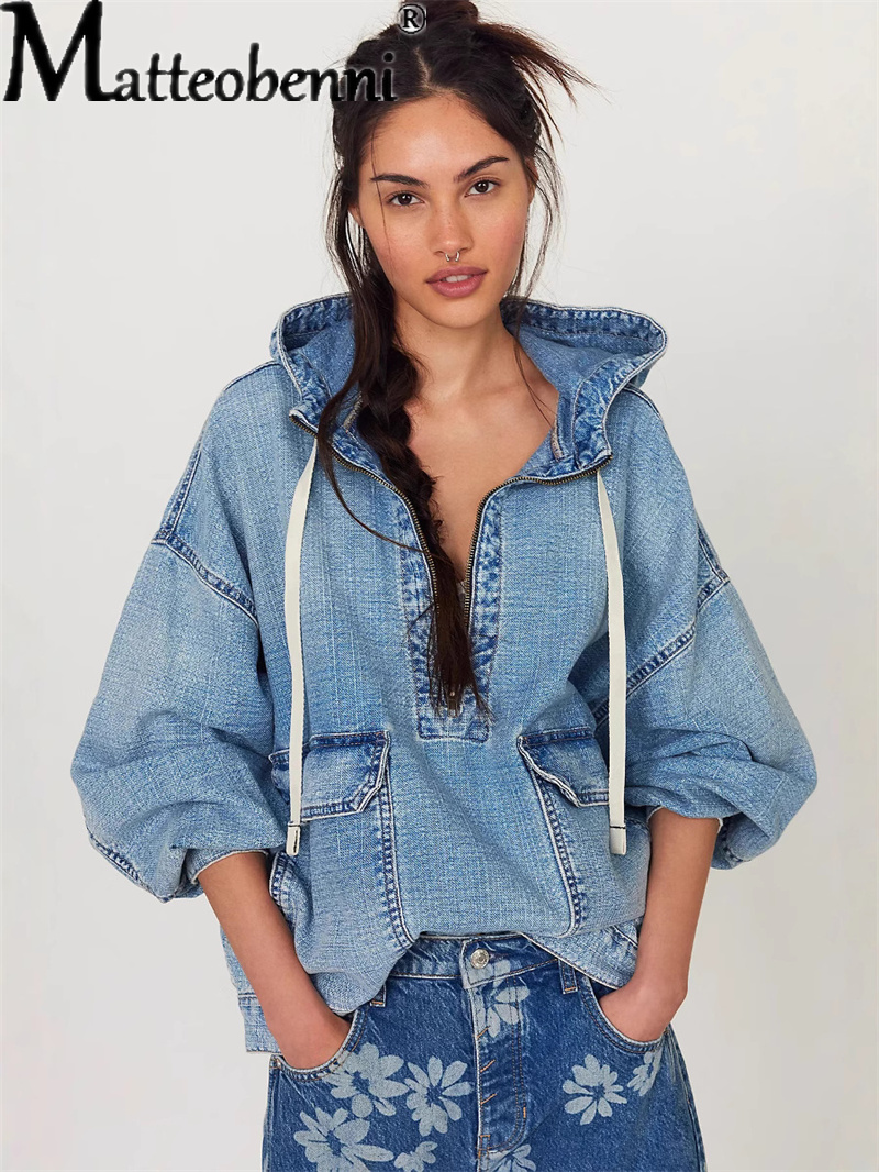 Vintage Fashion Drawings - Mode Lässig Gewaschen Denim Kordelzug Hoodies